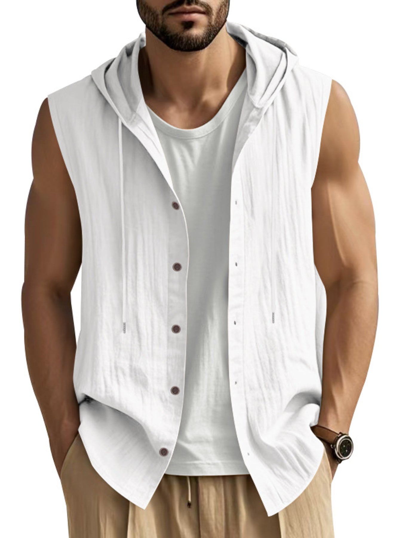 White casual sleeveless hooded men's shirt with button front and drawstring hood