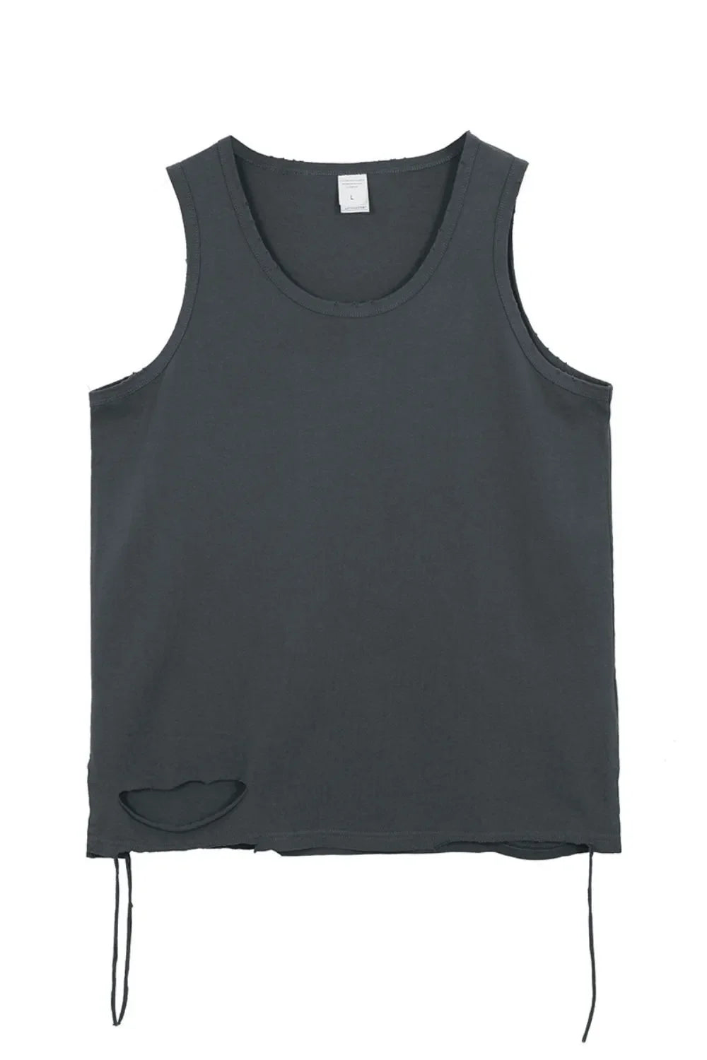 Dark gray raw edge scoop neck tank top with distressed details and tie accents