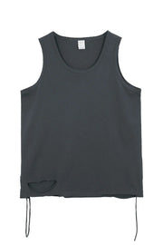 Dark gray raw edge scoop neck tank top with distressed details and tie accents