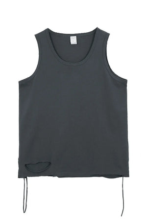 Dark gray raw edge scoop neck tank top with distressed details and tie accents
