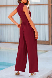 Burgundy ribbed mock neck sleeveless jumpsuit with wide legs