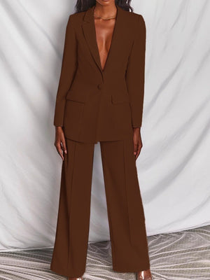One Button Blazer And Wide-leg Pants Set Plus Size in Brown, product detail