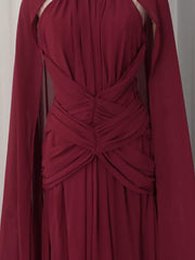 Ruched Halter Neck Cape Maxi Dress in Red, view 11