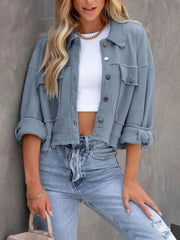Dusty blue waffle knit cropped utility jacket with button front and chest pockets