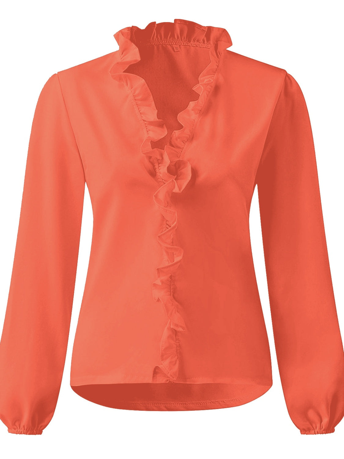 Pumpkin blouse with cascading ruffle front and balloon sleeves.
