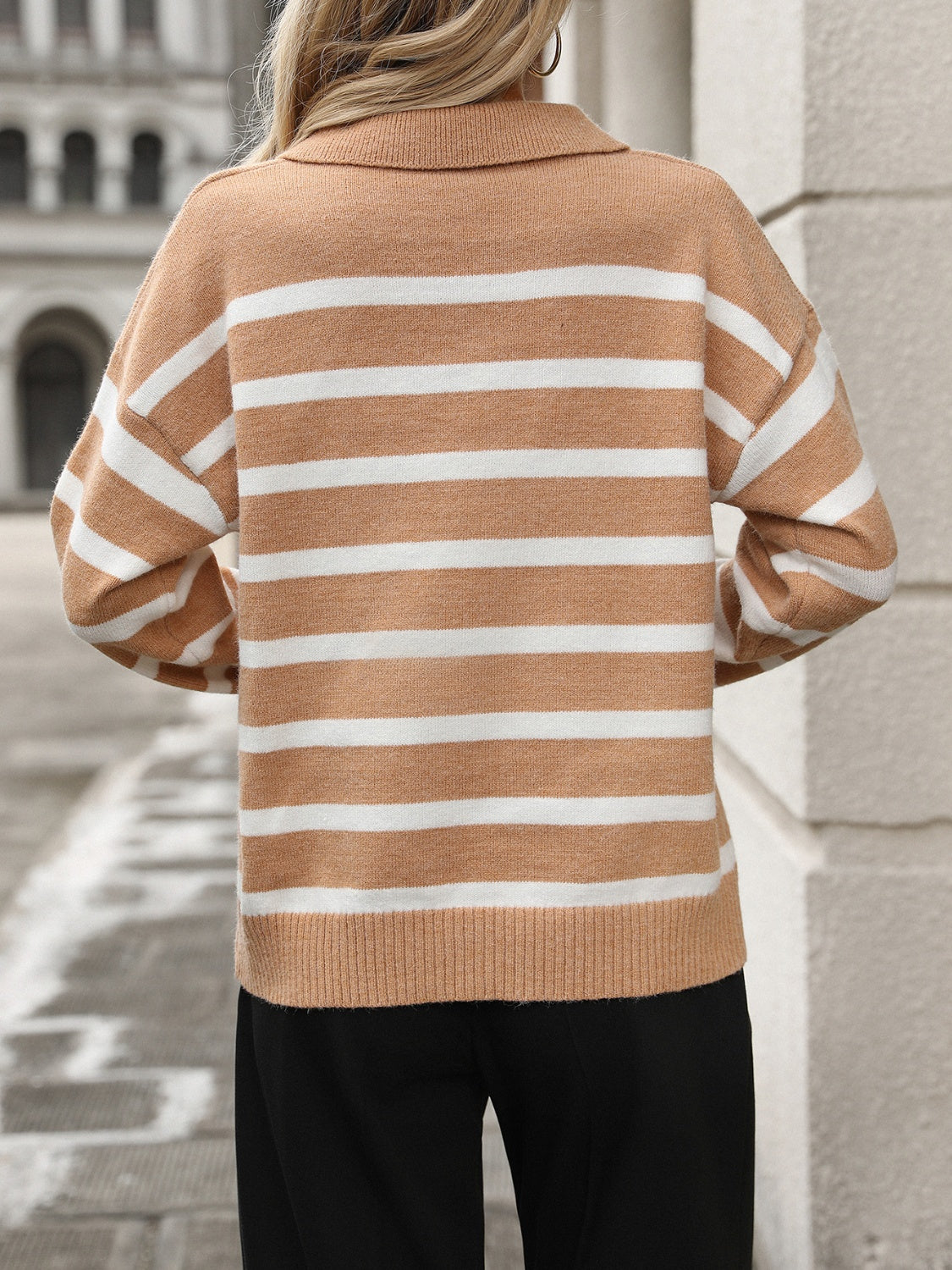 Camel and white striped knit polo-neck pullover sweater with long sleeves.