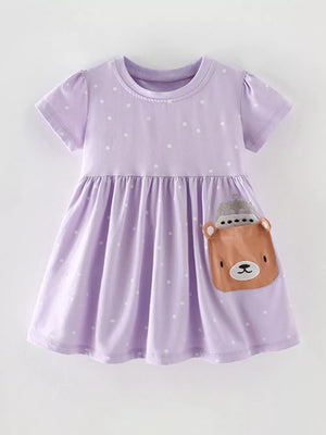 Lavender polka dot cotton dress with bear applique and a-line skirt.