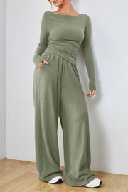 Matcha green boat neck loungewear set with long sleeves and wide leg pants.