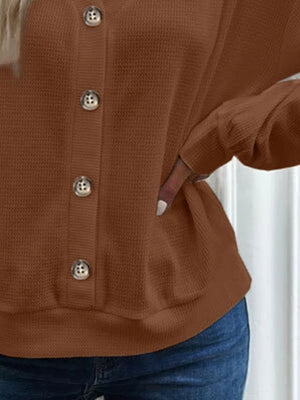 Caramel waffle knit button-down cardigan with silver buttons