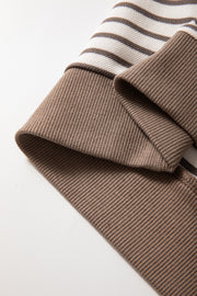 Brown striped tee with ribbed cuffs and contrast trim detail
