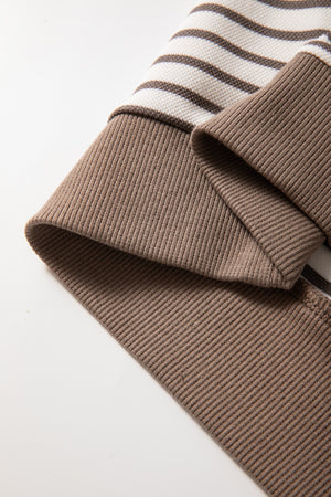 Brown striped tee with ribbed cuffs and contrast trim detail