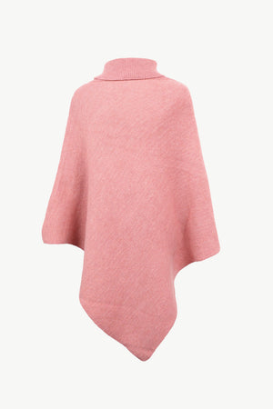 Button-detail turtleneck knit poncho in hot pink acrylic, a cozy fall layer.