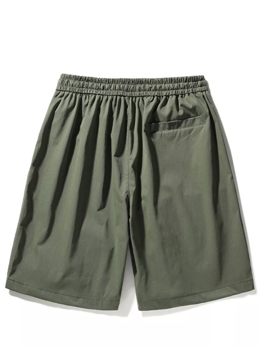 Green men's cargo shorts with elastic waistband and back pocket.