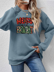 Misty Blue crewneck sweatshirt with Merry and Bright Christmas graphic and tree detail.