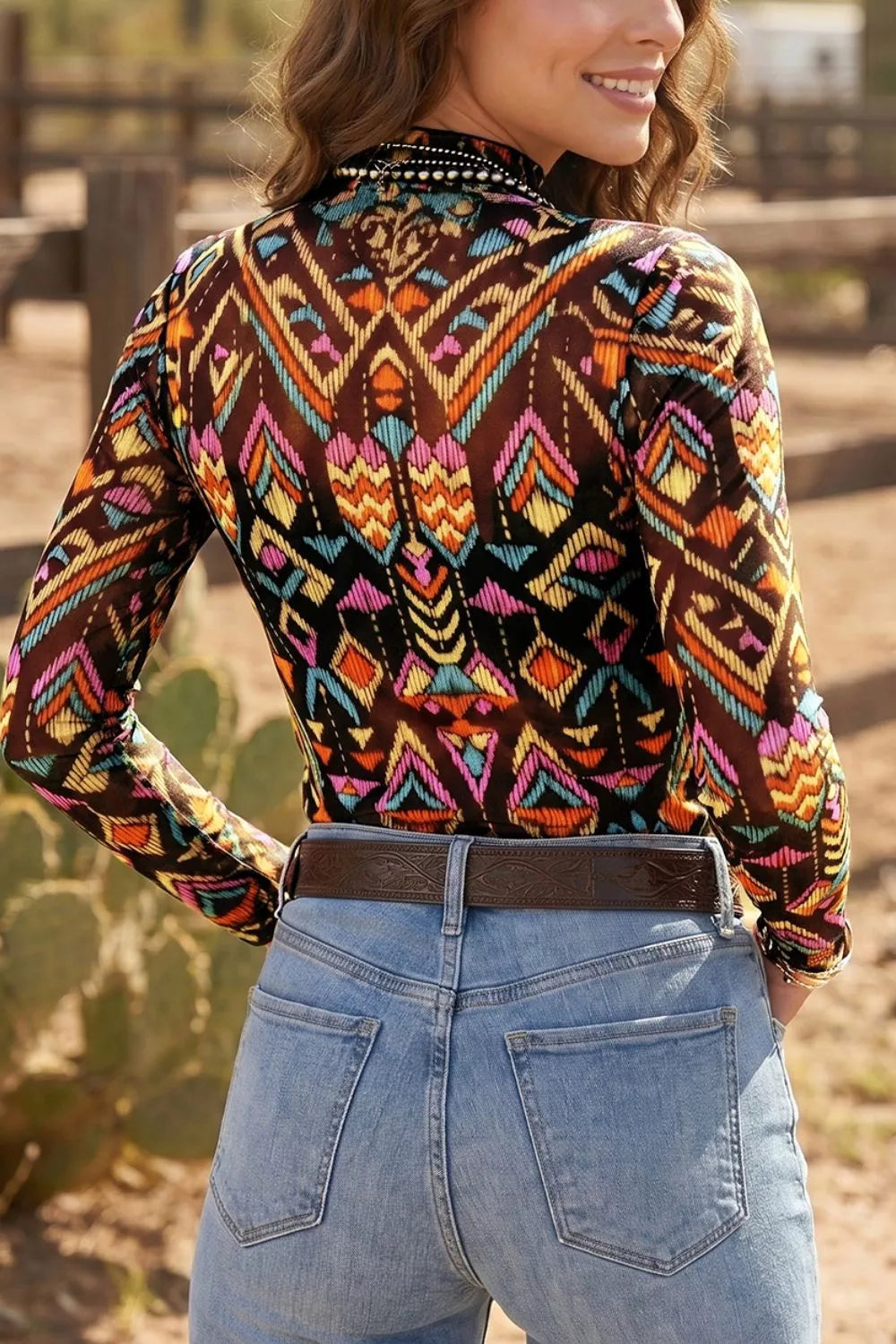 Abstract Print Long Sleeve Mesh Top, side view