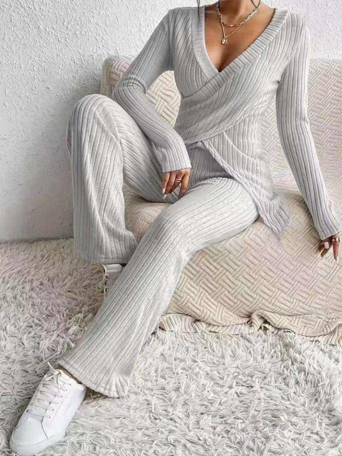Light Gray ribbed knit crossover lounge set with wide leg pants and long sleeves.