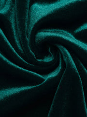 Green velvet maxi dress with ruched detail and V-neck.