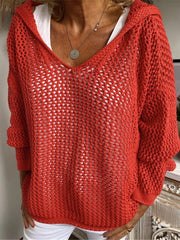 Red open-knit slouchy hooded sweater with a deep V-neck and 3/4 sleeves.
