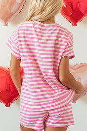 Pink stripe lounge set with short sleeve top and shorts.