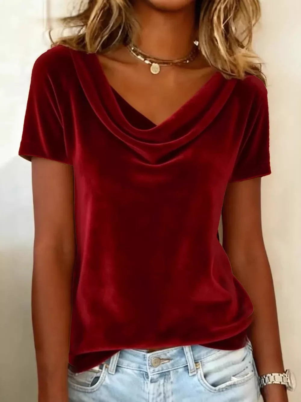 Burgundy velvet cowl neck t-shirt with short sleeves, relaxed fit.