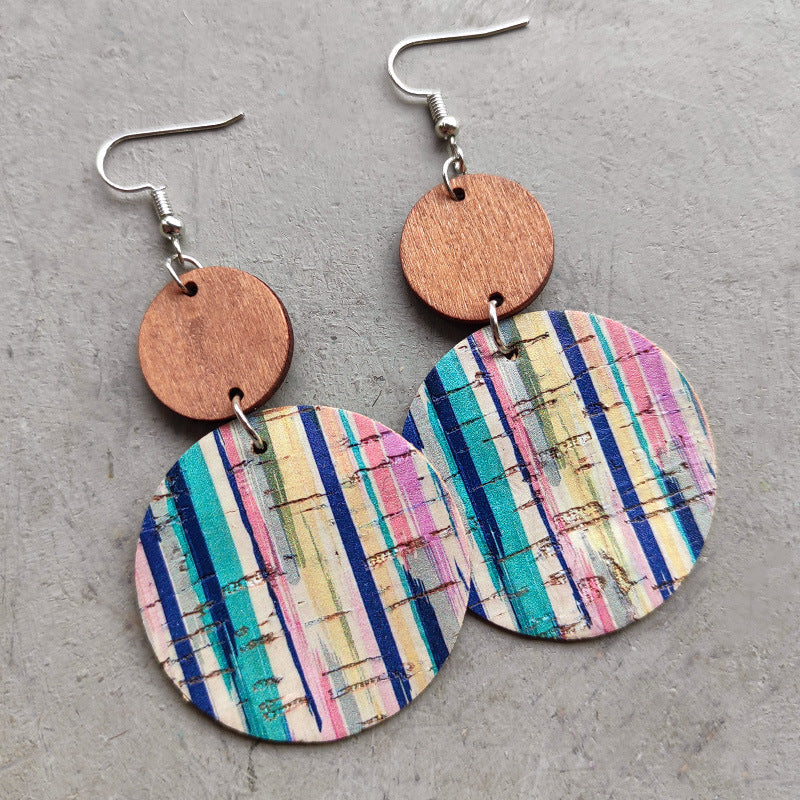 Cork & wood stripe disc earrings with boho pattern and colorful stripes.