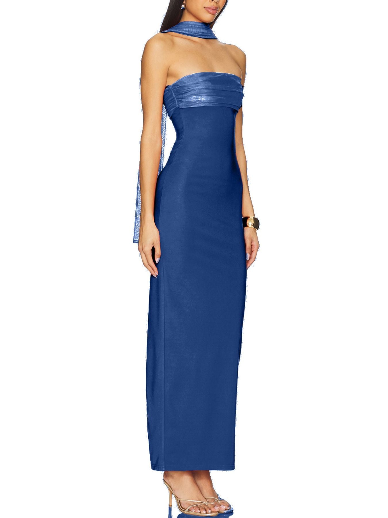 Dusty blue ruched strapless maxi dress with scarf detail.