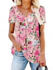 Pink floral ruched v-neck t-shirt with button detail and short sleeves.