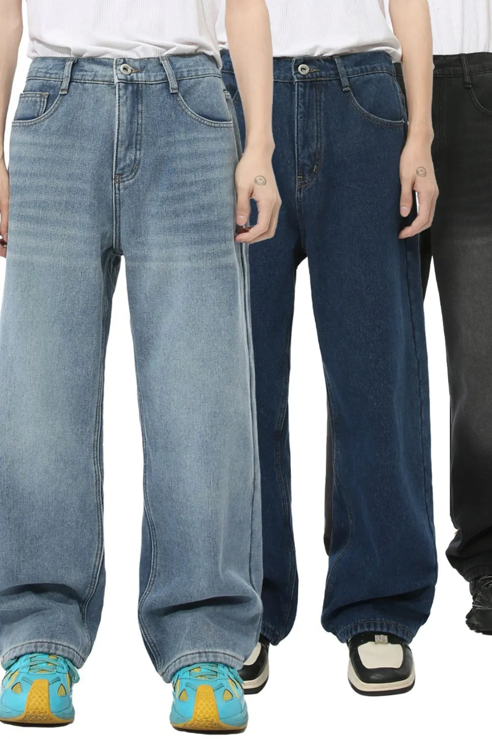 Light blue, navy, and black wide-leg denim jeans with a relaxed, baggy fit.