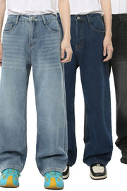 Light blue, navy, and black wide-leg denim jeans with a relaxed, baggy fit.