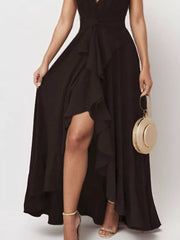 Black ruffled high-low maxi dress with a dramatic waterfall hem.