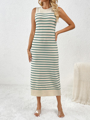 Striped ribbed sleeveless midi dress in cream with green stripes.