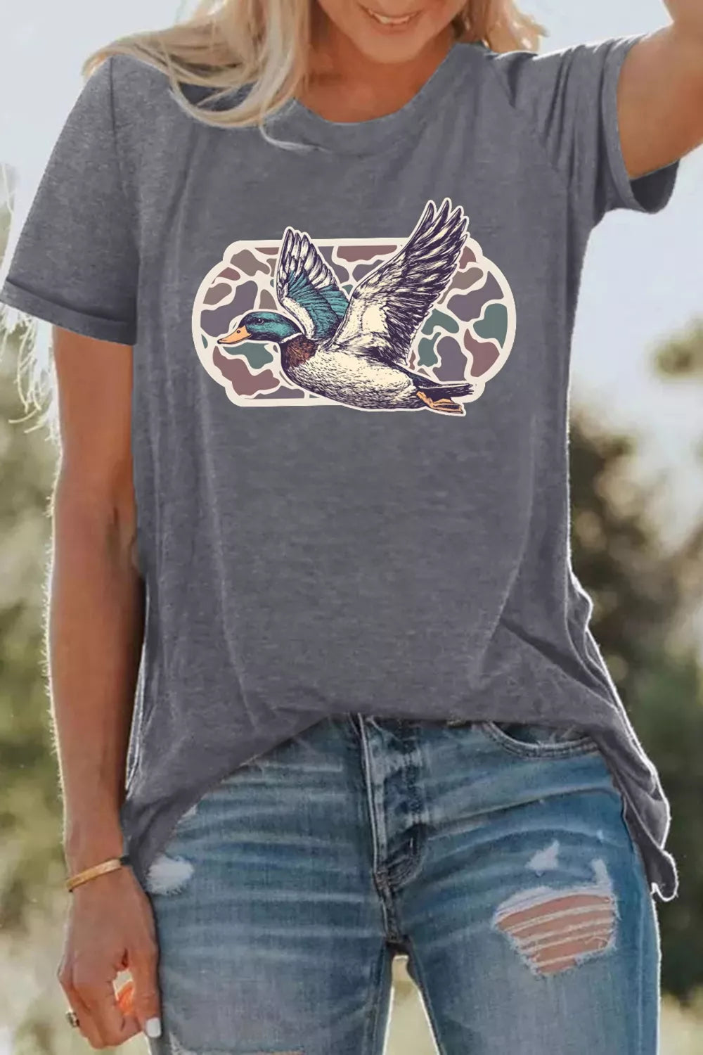 Gray polyester t-shirt with flying mallard duck graphic and camouflage oval.