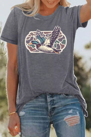 Gray polyester t-shirt with flying mallard duck graphic and camouflage oval.