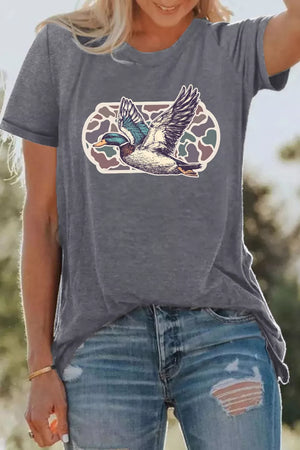 Gray polyester t-shirt with flying mallard duck graphic and camouflage oval.
