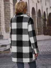 Black and white plaid teddy coat with oversized collar, fuzzy texture
