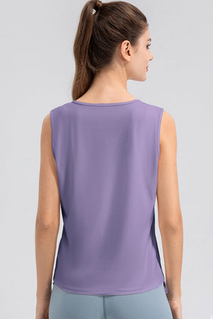 Lavender active tank top with notched neckline and sleeveless design.