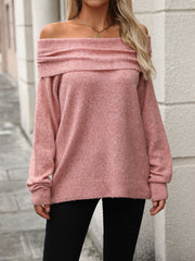 Dusty Pink knit off-the-shoulder sweater with a cowl neck detail and ribbed cuffs and hem.