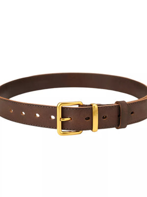 Brown cowhide leather belt with gold buckle and accents.
