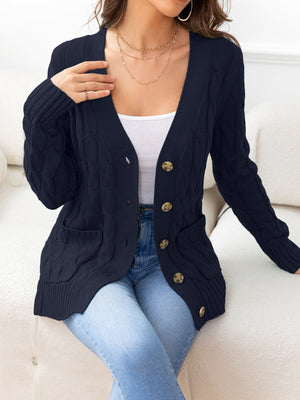 Navy cable-knit cardigan with buttons and pockets, acrylic material.