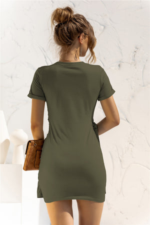 Army green jersey knot-front mini dress with short sleeves and a draped detail.