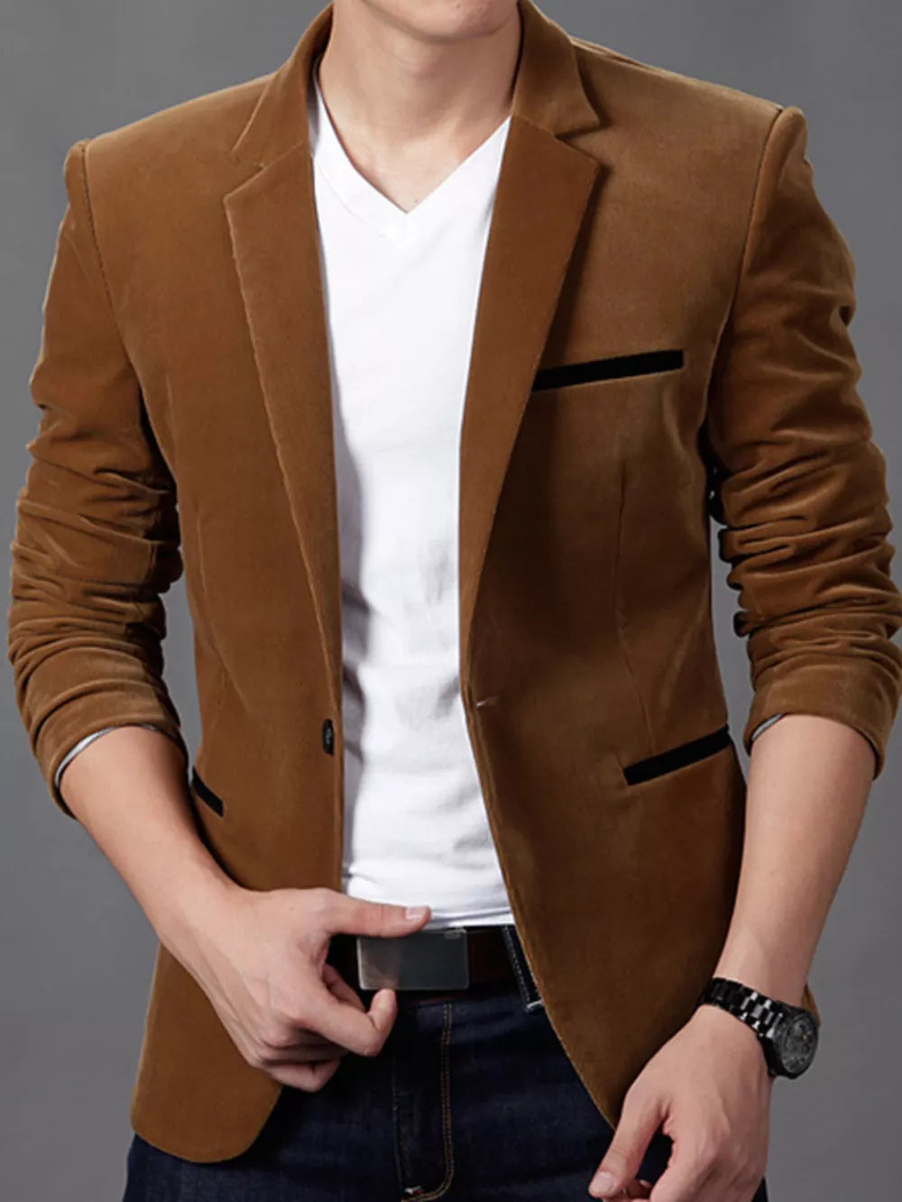 Men's Plus Size Slim Fit Velvet Blazer, front view
