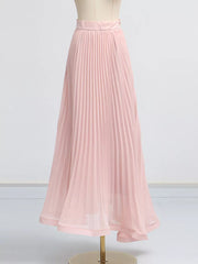 Pink pleated maxi skirt with a satin waistband and flowing chiffon hem.