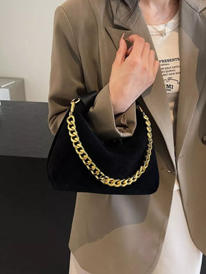 Chain Detail Crossbody Bag in Black, fabric detail