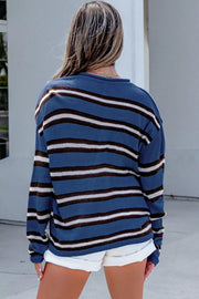 Striped Drop Shoulder Button Cardigan in Dusty Blue, close-up detail