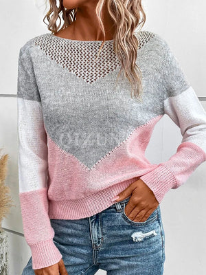 Colorblock knit sweater with crochet yoke in pink and gray acrylic.