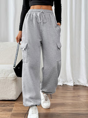 Light gray wide-leg sweatpants with cargo pockets and adjustable drawstring waist.
