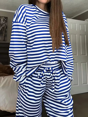 Chic striped two-piece lounge set in Royal Blue with drawstring pants and long sleeves.
