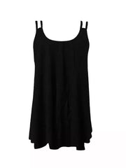 Black relaxed tank top with scoop neck and unique strap detail.