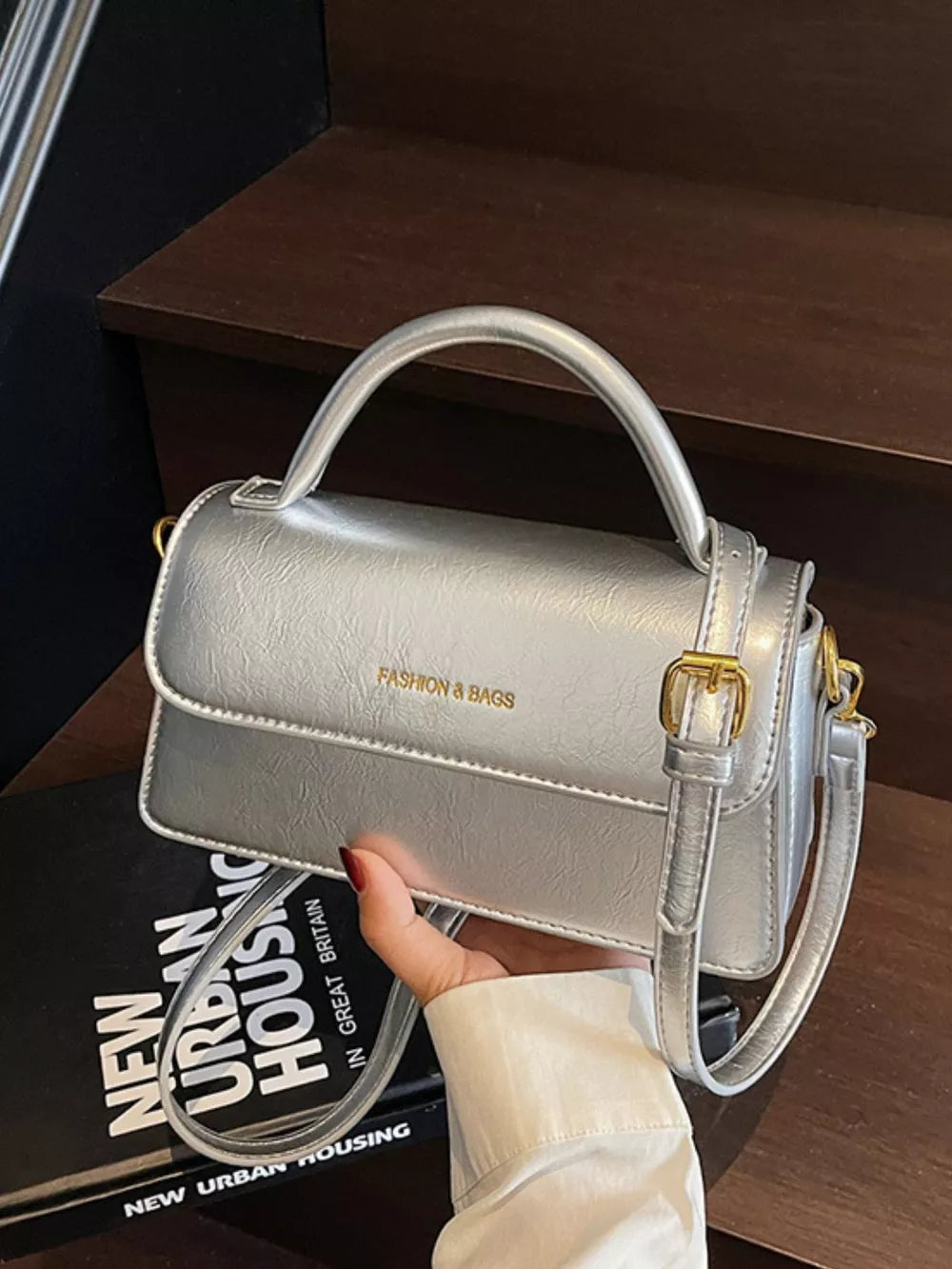 Top Handle Flap Mini Crossbody Bag in Silver, product detail