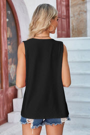 Black eyelet vest with pockets, sleeveless, V-neck, casual style